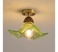 Elksdut Plafonnier semi-encastré à douille E27, plafonnier en verre nervuré à fleurs, luminaire intérieur en bois et en laiton for couloir, porche, cuisine, chambre à coucher(Green)
