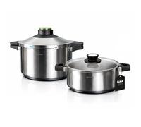 ELMA Lot de 2 Autocuiseurs Inox Prêst 4 + 6 L | Acier Inoxydable 18/10, Fond Encapsulé Compatible Induction, 2 Modes de Cuisson, Triple Système de Sécurité, Couvercle en Verre Inclus