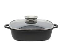 Elo 8668026 Mijoteuse carrée avec couvercle en verre 28 cm, Faitout, Plat de service, Cocotte en fonte, Convient à tous types de feux et four, Fonte d'aluminium, Verre, Acier inoxydable, Noir, 28 cm