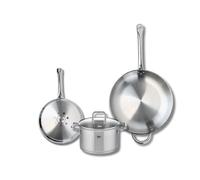 ELO 9504950 Batterie de cuisine 3 pièces, Ensemble de 2 Poêles de cuisson 24 et 32 cm et 1 faitout 20 cm Elo Profi Citrin, inox, induction
