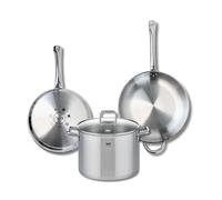 ELO 9508150 Batterie de cuisine 3 pièces, Ensemble de 2 Poêles de cuisson 28 et 32 cm et 1 faitout 26 cm Elo Profi Citrin, inox, induction, Gris Flanelle