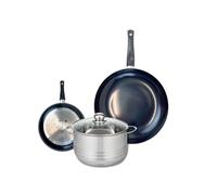 ELO 9728250 Batterie de cuisine 3 pièces, Ensemble de 2 Poêles de cuisson 20 et 32 cm et 1 faitout 20 cm Elo Prima Brillant, inox, induction, Noir