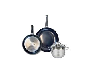 ELO 9731250 Batterie de cuisine 3 pièces, Ensemble de 2 Poêles de cuisson 24 et 28 cm et 1 faitout 16 cm Elo Prima Brillant, inox, induction, Noir