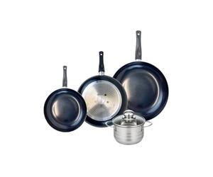 ELO 9740450 Batterie de cuisine 4 pièces, Ensemble de 3 Poêles de cuisson 20, 24 et 28 cm et 1 faitout 14 cm Elo Prima Brillant, inox, induction, Noir Absolu