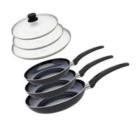 Elo Set de 3 Poêles Aluminium et 3 Couvercles de Cuisson en Verre - Tous Feux Sauf Induction, Sans PFAS - Aluminium, Acier Inoxydable, Verre, Plastique - 32 x 5 cm, Noir 9