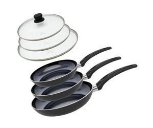 Elo Set de 3 Poêles Aluminium et 3 Couvercles de Cuisson en Verre - Tous Feux Sauf Induction, Sans PFAS - Aluminium, Acier Inoxydable, Verre, Plastique - 32 x 5 cm, Noir 9