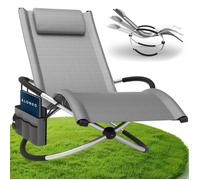 ELONEO chaise longue à bascule jardin avec poche latérale, bain de soleil relax extérieur 180 kg, gris à carreaux