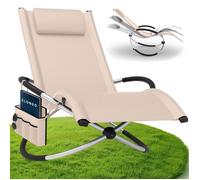 ELONEO chaise longue à bascule relax avec poche latérale, bain de soleil jardin confortable jusqu’à 180 kg, crème