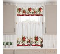 Elrene Home Fashions Lot de 3 Plateaux et cantonnière de Cuisine Motif Poinsettia Rouge et Blanc 152,4 x 38,1 cm 76,2 x 91,4 cm chacun, Ivoire
