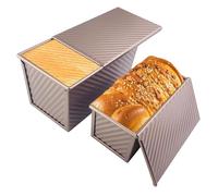 Elsrantor Lot de 2 Moule Pain de Mie avec Couvercle Coulissant, Moules a Brioche Anti-Adhésif en Acier Carbone, Boîte à Toast Plate Rectangulaire, pour Cuisson Gâteaux, Pains, Pâtisseries (Or Rose)