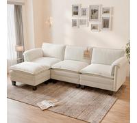 ELUCHANG Canapé Nuage Modulable 256cm avec Pouf, Canapé d'angle 3 Places en Forme de L, Assise Profonde 62cm, Montage sans Outil, Canapé de Salon en Chenille, Beige
