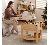 ELUCHANG Table Basse avec Rangement Caché RondeTable Basse Plateau Relevable 2 en 1 pour Salon et Bureau, Forte Charge Portante, 60x60cm, Chêne
