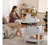 ELUCHANG Table Basse avec Rangement Caché RondeTable Basse Plateau Relevable 2 en 1 pour Salon et Bureau, Forte Charge Portante, 60x60cm, Blanc