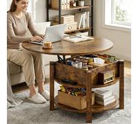 ELUCHANG Table Basse avec Rangement Caché RondeTable Basse Plateau Relevable 2 en 1 pour Salon et Bureau, Forte Charge Portante, 80x80cm, Marron Rustique