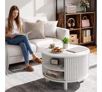 ELUCHANG Table Basse Ronde avec Rangement, Conception Flutée Table Basse avec Couvercle Rabattable & Porte Coulissante pour Salon et Bureau, Forte Charge Portante, 60x60cm, Blanc