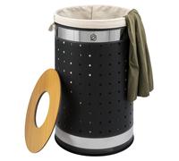 eluno bac à linge rond, panier à linge, collecteur de linge avec sac à linge lavable et couvercle amovible, capacité 50 litres pour chambre à coucher, salle de bain, rangement de linge en métal, noir