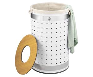 eluno bac à linge rond, panier à linge, collecteur de linge avec sac à linge lavable et couvercle amovible, capacité 50 litres pour chambre à coucher, salle de bain, rangement de linge en métal, blanc