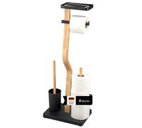eluno Brosse WC sur pied 4 en 1 avec brosse WC, 2 têtes de brosse de rechange, porte-rouleau pour 3 rouleaux et étagère, en bois certifié FSC et métal (noir)