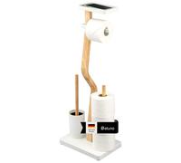 eluno Brosse WC sur pied 4 en 1 avec brosse WC, 2 têtes de brosse de rechange, porte-rouleau pour 3 rouleaux et étagère, en bois certifié FSC et métal (blanc)