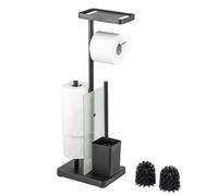 eluno Ensemble WC sur Pied 4 en 1 avec Brosse WC, 2 têtes de Brosse de Rechange, Porte-Rouleaux (Rechange) pour 3 roulettes, étagère, Verre satiné et métal (Noir)