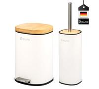 eluno Framura - Lot de 2 accessoires de salle de bain - 1 poubelle de salle de bain avec couvercle à fermeture douce et une capacité de 5 litres et 1 ensemble WC - En métal avec couvercle en bambou