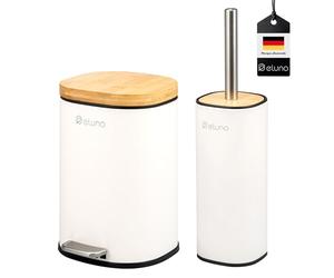 eluno Framura - Lot de 2 accessoires de salle de bain - 1 poubelle de salle de bain avec couvercle à fermeture douce et une capacité de 5 litres et 1 ensemble WC - En métal avec couvercle en bambou