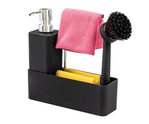 eluno Organisateur d'évier avec Surface Soft-Touch pour Cuisine & Salle de Bain, Support, Distributeur de Savon, Brosse à Vaisselle, y Compris tête de Brosse de Rechange et Pompe, Noir