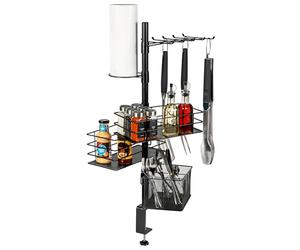 eluno Organiseur 5 en 1 pour accessoires de barbecue, avec porte-ustensiles, paniers, barre à crochets et porte-serviettes en papier pour montage directement sur le barbecue, cuisine extérieure, en