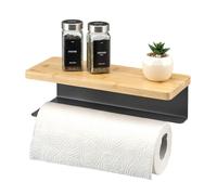 eluno porte-rouleau de papier essuie-tout avec étagère en bambou pour fixation murale, en métal gris