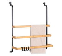 Eluno Porte-Serviettes pour Paroi de Douche en Verre - Métal et Bambou, 3 Barres, 4 Crochets Pratiques, à Accrocher Sans Percer (Noir)