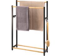 eluno porte-serviettes sur pied en métal noir mat avec bambou, très grand porte-serviettes sur pied pour grandes serviettes de douche, porte-serviettes de bain, avec 2 barres porte-serviettes et 4 cro
