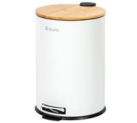 eluno Poubelle à pédale de 20 litres avec couvercle en bambou à fermeture douce pour salle de bain et cuisine avec seau intérieur en plastique amovible en bambou et métal (Blanc)