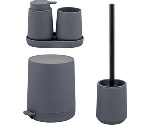 eluno Set de salle de bain TESERO 5 pièces avec distributeur de savon, gobelet, coupelle, poubelle cosmétique 4 litres et ensemble WC en plastique gris
