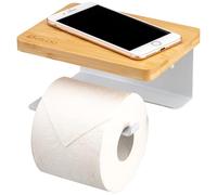 eluno Varaz Porte-papier toilette avec étagère en bambou, autocollant, porte-rouleau de papier toilette, avec ruban adhésif de qualité supérieure, à coller ou à percer, en métal (blanc)