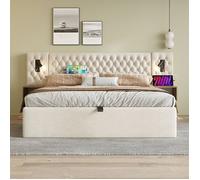 ELVMI Chambre Complète - Lit Double 160x200 cm avec Tête LED, Rangement Hydraulique, USB, 2 Tables de Chevet - Beige