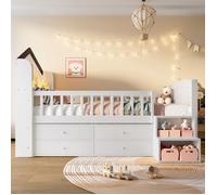 ELVMI Lit enfant 90x200 cm - Lit Simple Mi-Hauteur avec Cabane, Tiroirs et Lumières LED - Bois MDF - Blanc
