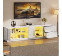 ELVMI Meubles TV avec 2 Tiroirs et LED - Buffet Bas Haut Brillant en MDF et Verre Trempé, design Moderne, Blanc, 160×40×52 cm