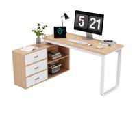 ELVORIN Bureau d’angle 147 x 100 x 75,3 cm, MDF et métal, 3 tiroirs, 2 niches ouvertes, décor bois naturel et blanc