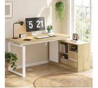 ELVORIN bureau d’angle en L 152 x 113,5 x 76 cm, MDF et métal, surface mélaminée, rangements intégrés, décor bois naturel et blanc