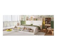 ELVORIN Lit double 140 x 200 cm blanc, tête de lit avec rangements, lumières de chevet intégrées, étagère amovible, sans matelas