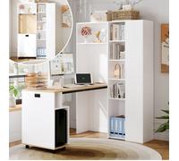 ELVORIN Secrétaire pliant 2 en 1 avec étagères, 104,5 x 30,5 x 160 cm, prise EU et ports USB, blanc et décor bois
