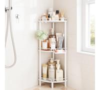 ELYKEN Étagère d'angle de Douche en métal antirouille avec Porte-Savon, étagère d'angle de Douche au Sol avec Pieds réglables et 4 Crochets pour Salle de Bain HSC01W3
