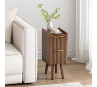 ELYKEN Table d'appoint étroite cannelée avec tiroirs, petite table d'appoint en bois pour petits espaces, table de chevet moderne et mince, pour salon, chambre à coucher, noyer