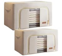 Elzusha - Coffret de rangement pliable en tissu, lot de 2, capacité de 90 litres, avec fenêtre, couleur beige