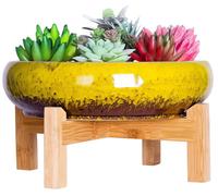 Elzusha - Grand pot pour bonsaï avec support - Pot en céramique jaune pour plantes, 25,4 cm