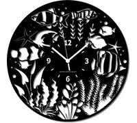 Elzusha - Horloge mural en forme d'aquarium avec des poissons - Bois HDF noir, avec mouvement quartz silencieux