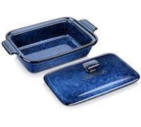 Elzusha - Plat à four en céramique avec couvercle - Plat à lasagnes, 1,9 litre, motif ciel étoilé bleu
