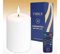 Ember Candles™ Signature Bougie LED blanche télécommandée 100 % cire véritable Flamme ultra réaliste, design coulé à la main, alimentée par piles, minuterie de 6 heures pour une utilisation en