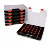 EMIX24.DE Lot de 6 boîtes de rangement 39,9 × 30,3 × 5 cm - Grand organiseur de petites pièces avec 26 séparateurs amovibles, couvercle transparent, poignée de transport et fermetures - Noir/orange