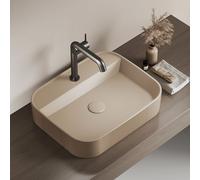 EMKE Céramique lavabo carré en beige mat moderne incl. montage de robinet pré-percé idéal pour montage mural ou sur plan 50x40x11cm